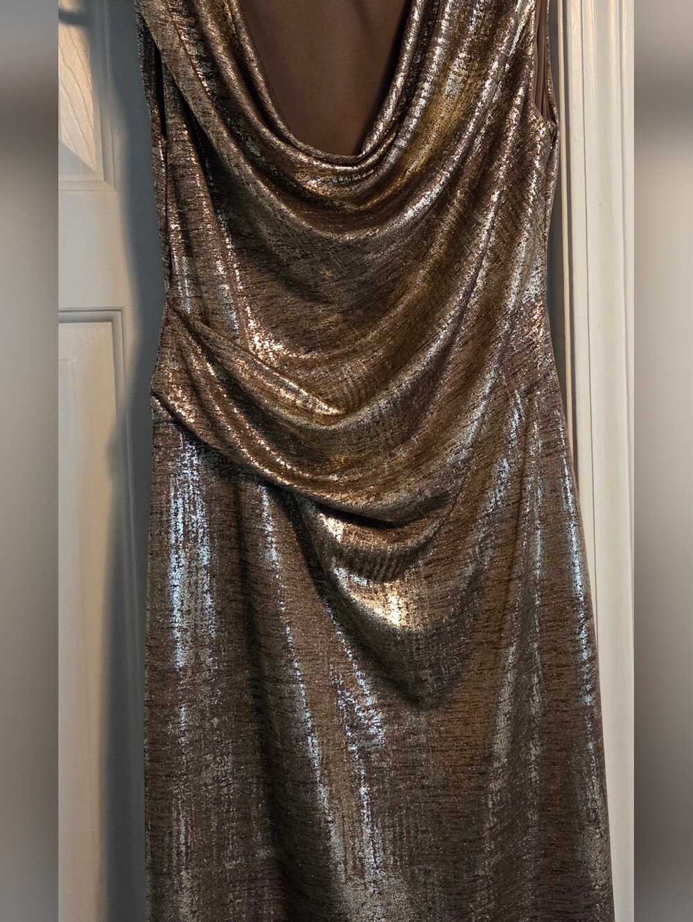 Metallic Bronze Drape Neck Evening Dress